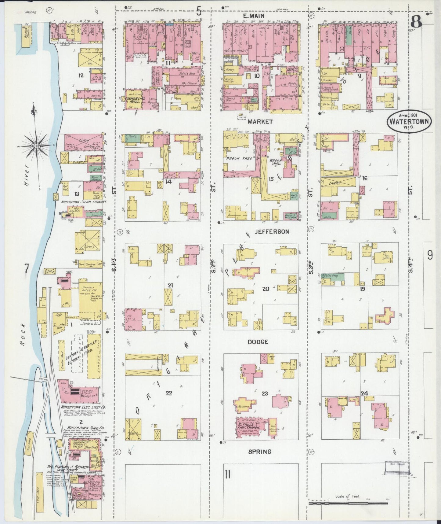 Sanborn Fire Insurance Map from Watertown, Jefferson County, Wisconsin (1901), Sheet #0008 - Complete Map Set gallery image, historic Sanborn map, vintage wall art, Wisconsin Wisconsin