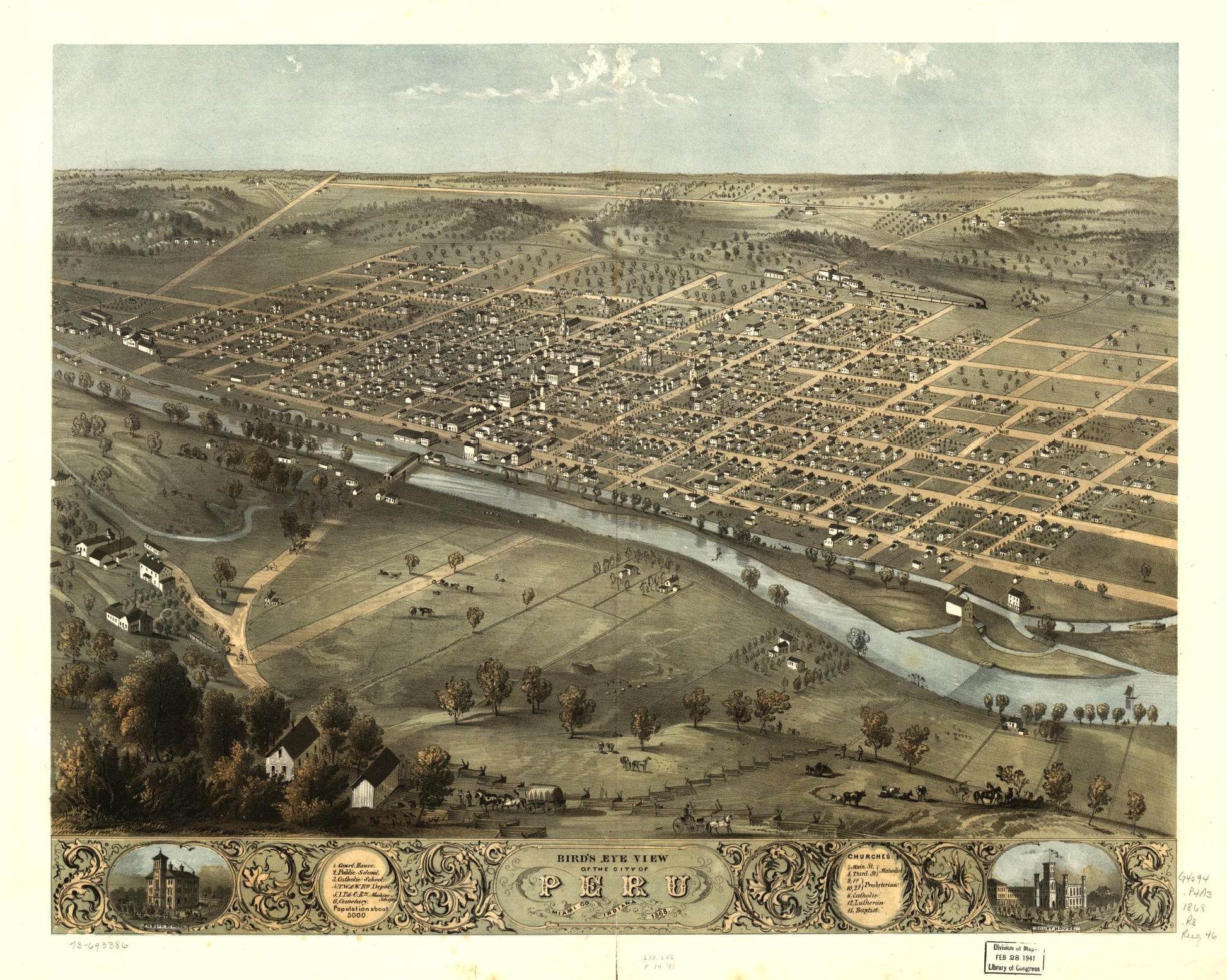 Bird's eye view of the city of Peru, Miami Co., Indiana 1868. (1868) – Historic Bird’s-Eye View Panorama Print