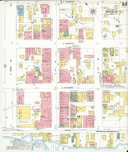Sanborn Fire Insurance Map from Waterloo, Black Hawk County, Iowa (1900), Sheet #0014 - Historic Sanborn Fire Insurance Map Print, vintage old map wall art