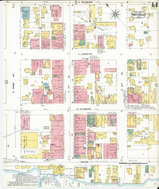 Sanborn Fire Insurance Map from Waterloo, Black Hawk County, Iowa (1900), Sheet #0014 - Historic Sanborn Fire Insurance Map Print, vintage old map wall art