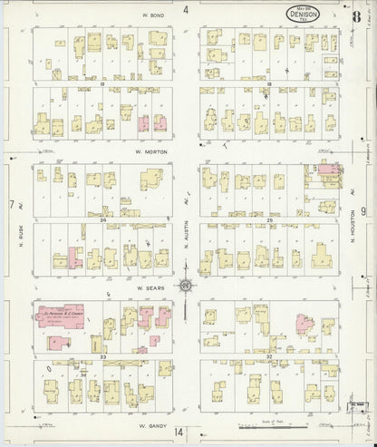 Sanborn Fire Insurance Map from Denison, Grayson County, Texas (1914), Sheet #0008 - Historic Sanborn Fire Insurance Map Print, vintage old map wall art, antique decor, genealogy gift, Texas Texas map