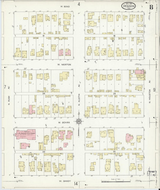 Sanborn Fire Insurance Map from Denison, Grayson County, Texas (1914), Sheet #0008 - Historic Sanborn Fire Insurance Map Print, vintage old map wall art, antique decor, genealogy gift, Texas Texas map