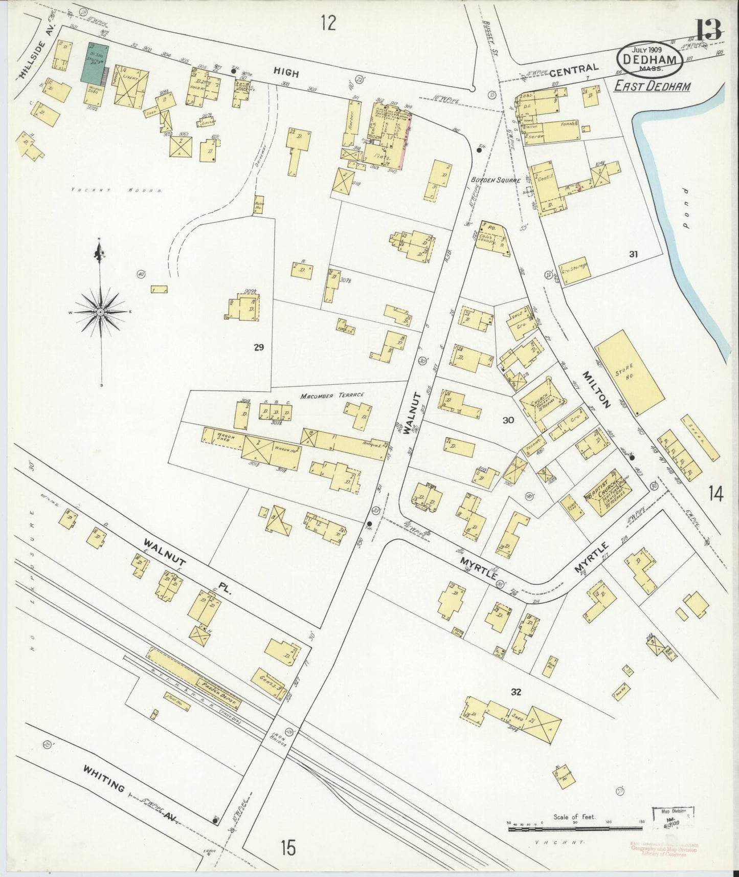 Sanborn Fire Insurance Map from Dedham, Norfolk County, Massachusetts (1909), Sheet #0013 - Complete Map Set gallery image, historic Sanborn map, vintage wall art, Massachusetts Massachusetts