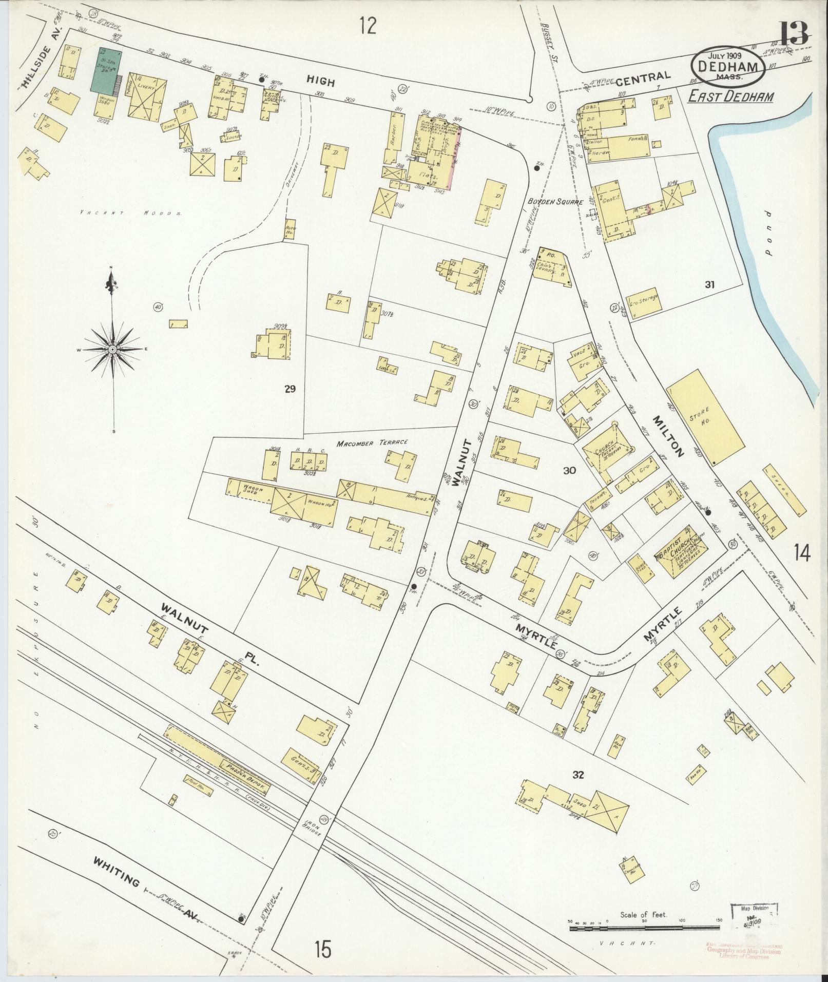 Sanborn Fire Insurance Map from Dedham, Norfolk County, Massachusetts (1909), Sheet #0013 - Complete Map Set gallery image, historic Sanborn map, vintage wall art, Massachusetts Massachusetts