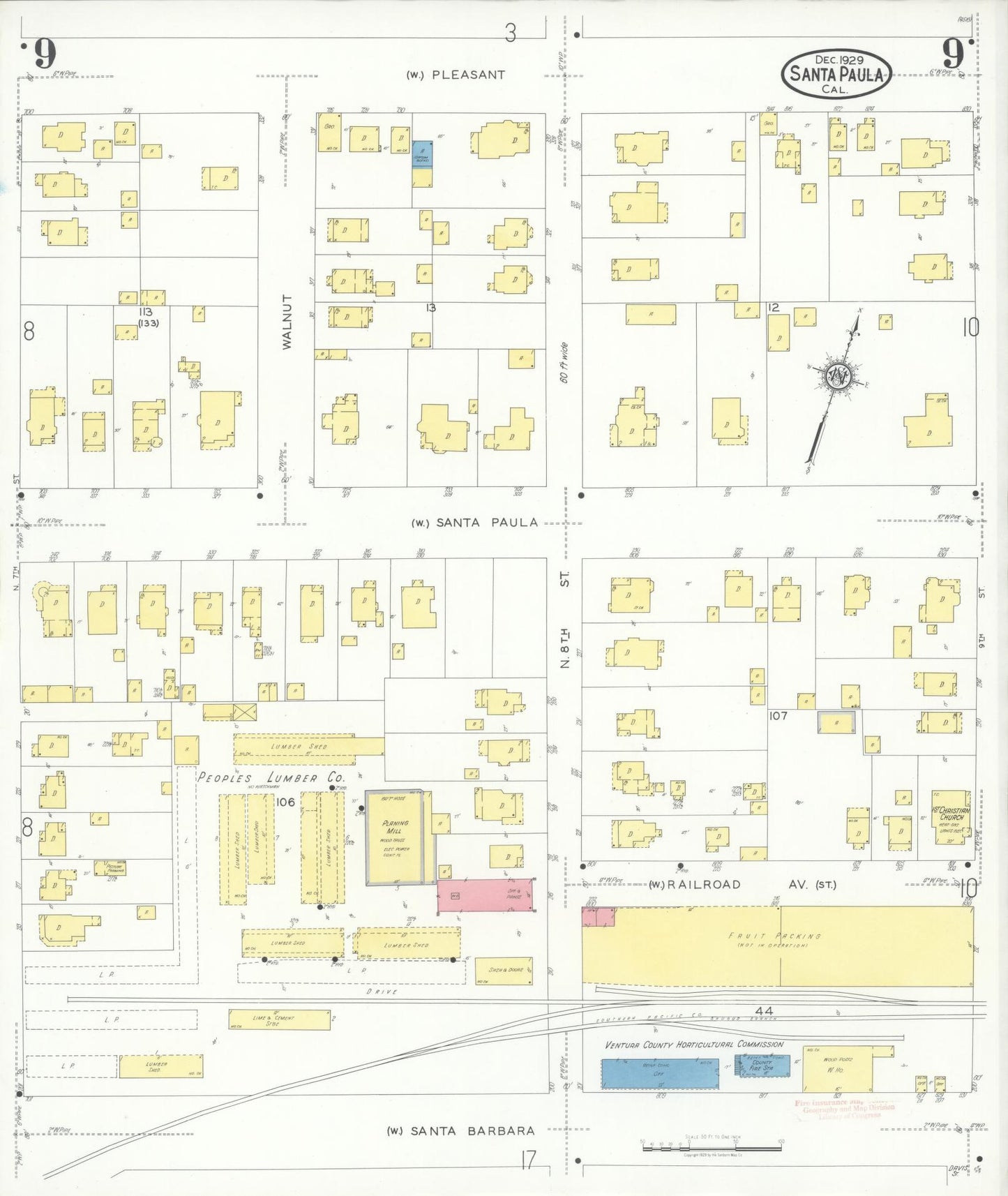 Sanborn Fire Insurance Map from Santa Paula, Ventura County, California (1929), Sheet #0009 - Complete Map Set gallery image, historic Sanborn map, vintage wall art, California California