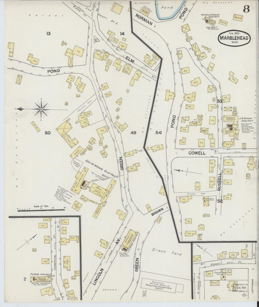 Sanborn Fire Insurance Map from Marblehead, Essex County, Massachusetts (1890), Sheet #0008 - Historic Sanborn Fire Insurance Map Print, vintage old map wall art, antique decor, genealogy gift, Massachusetts Massachusetts map