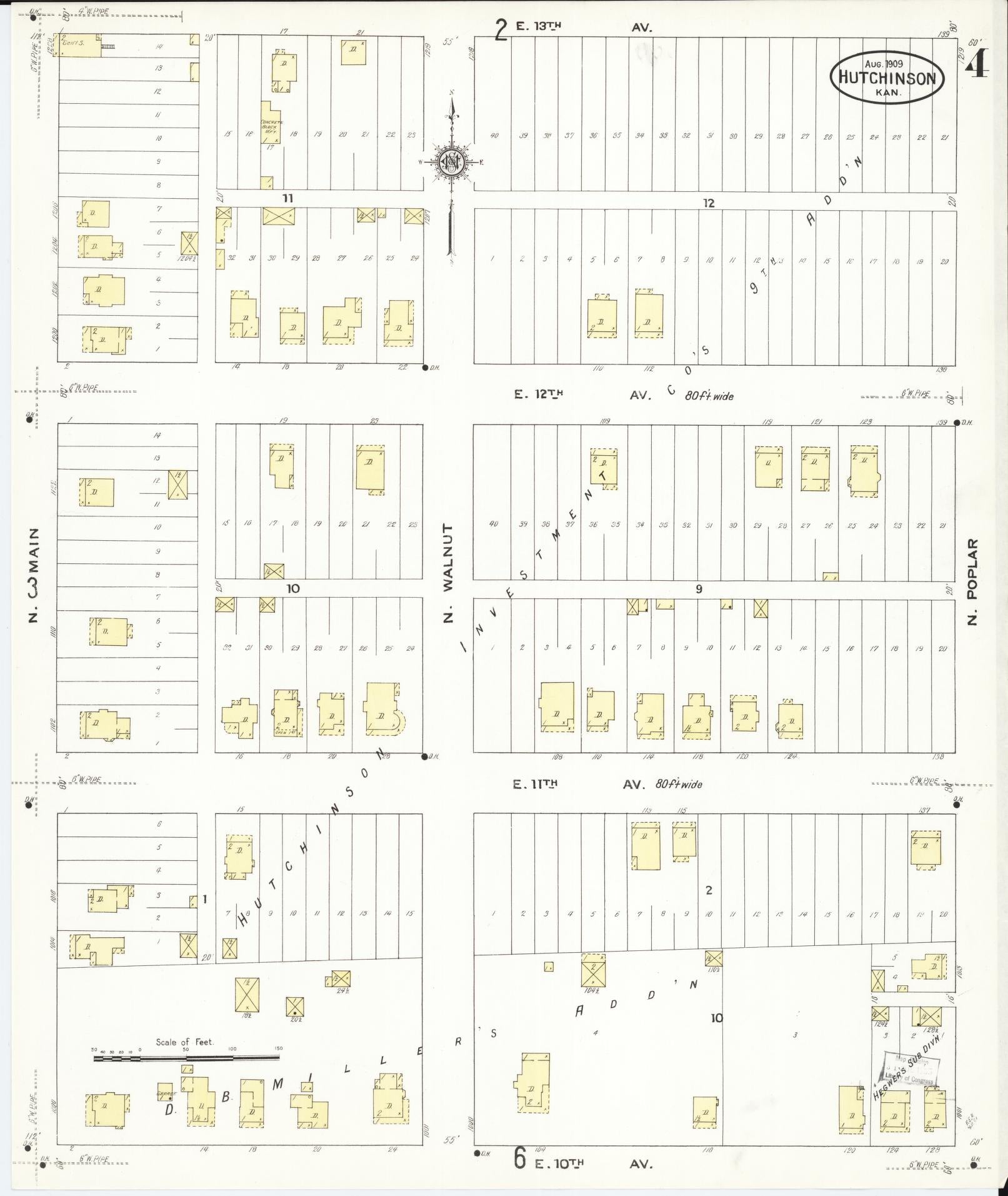 Sanborn Fire Insurance Map from Hutchinson, Reno County, Kansas (1909), Sheet #0004 - Complete Map Set gallery image, historic Sanborn map, vintage wall art, Kansas Kansas