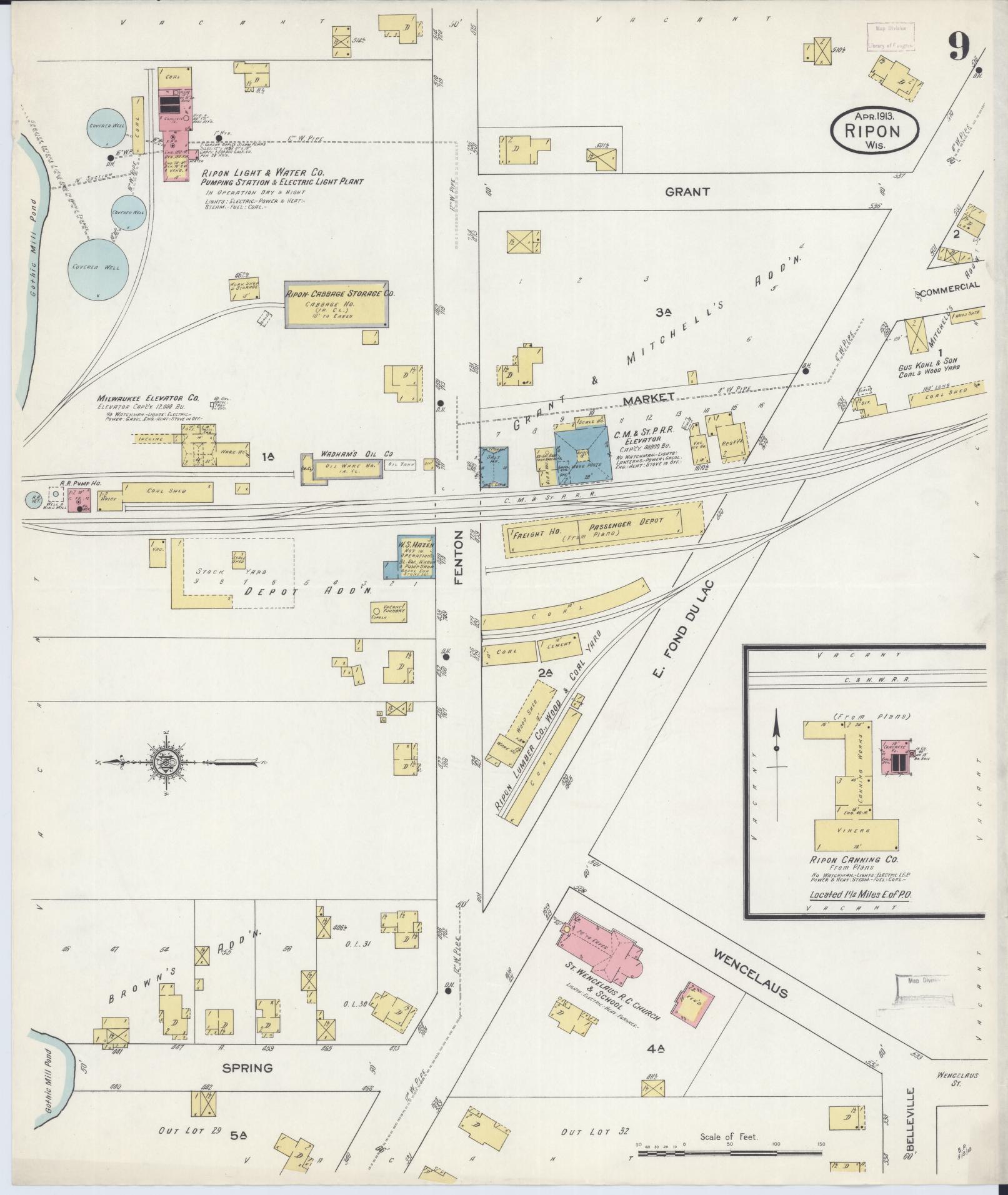 Sanborn Fire Insurance Map from Ripon, Fond du Lac County, Wisconsin (1913), Sheet #0009 - Complete Map Set gallery image, historic Sanborn map, vintage wall art, Wisconsin Wisconsin