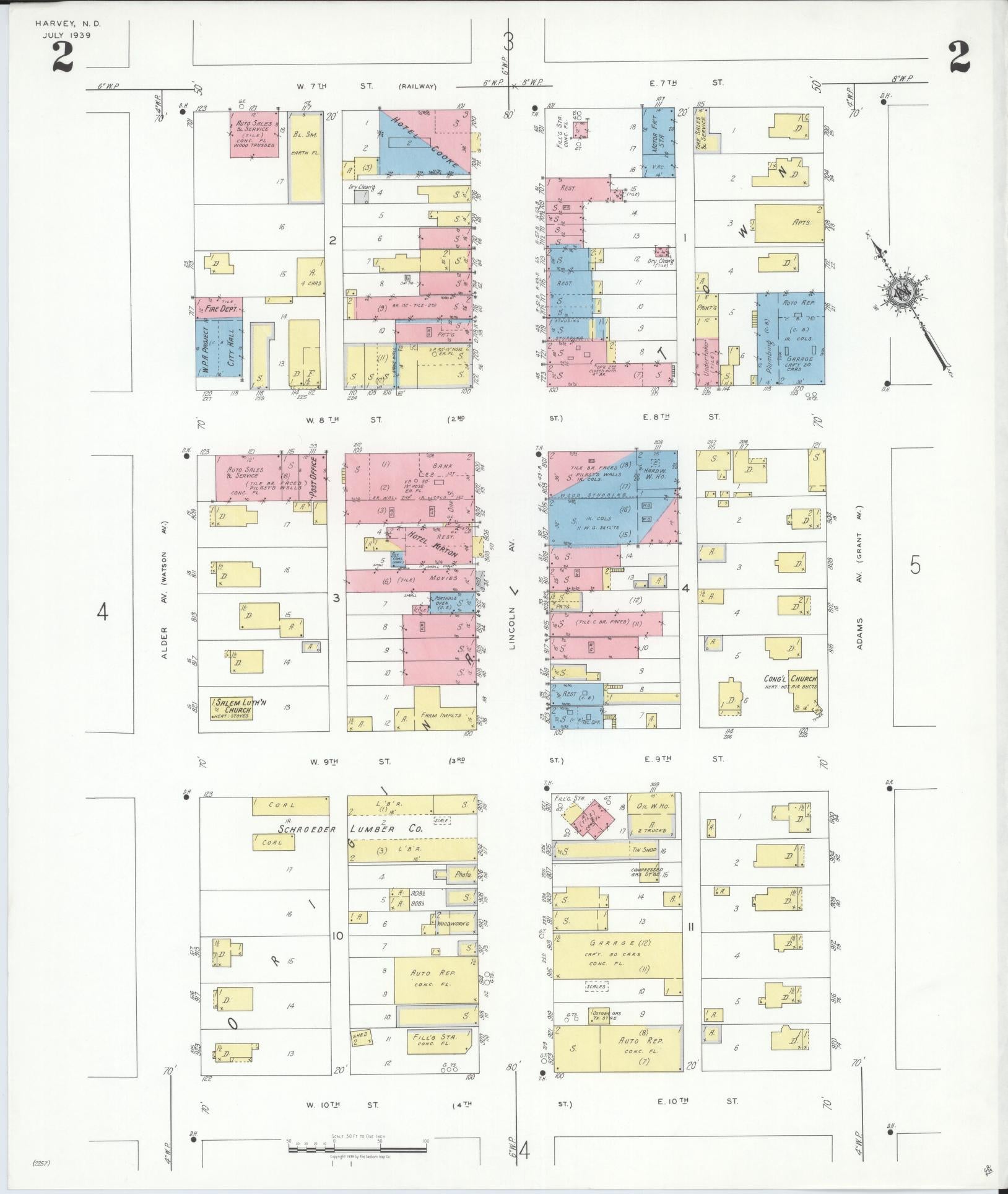 Sanborn Fire Insurance Map from Harvey, Wells County, North Dakota (1939), Sheet #0002 - Historic Sanborn Fire Insurance Map Print, vintage old map wall art, antique decor, genealogy gift, North Dakota North Dakota map