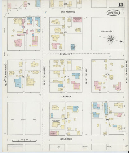 Sanborn Fire Insurance Map from Austin, Travis County, Texas (1889), Sheet #0013 - Historic Sanborn Fire Insurance Map Print, vintage old map wall art, antique decor, genealogy gift, Texas Texas map