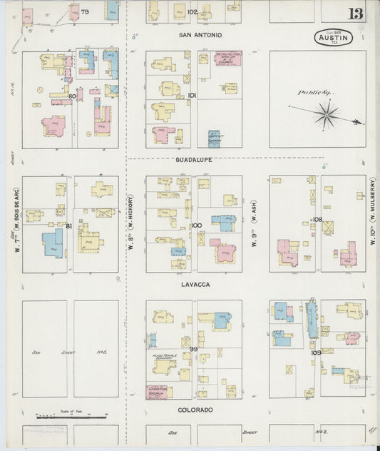 Sanborn Fire Insurance Map from Austin, Travis County, Texas (1889), Sheet #0013 - Historic Sanborn Fire Insurance Map Print, vintage old map wall art, antique decor, genealogy gift, Texas Texas map