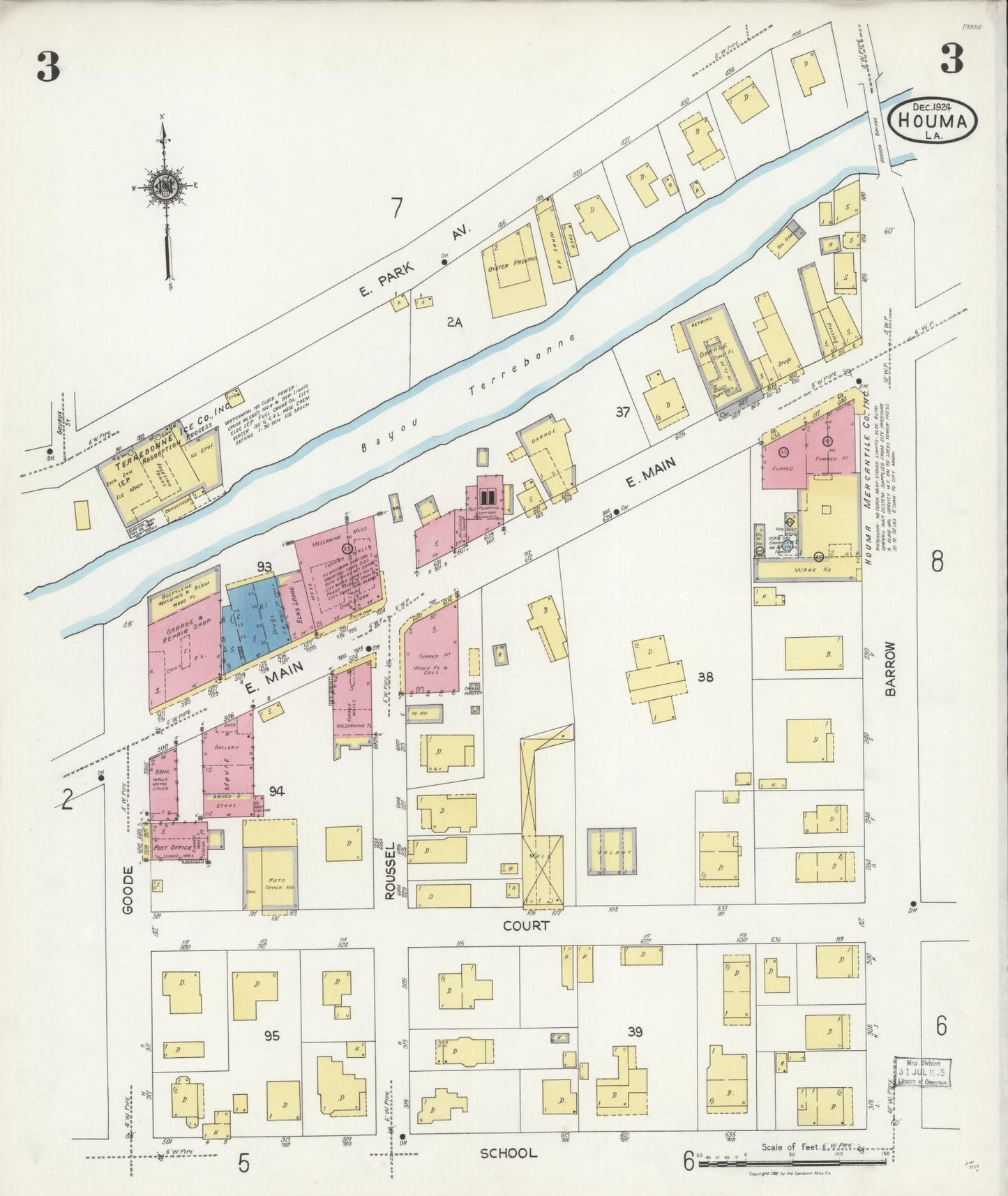 Sanborn Fire Insurance Map from Houma, Terrebonne Parish, Louisiana (1924), Sheet #0003 - Historic Sanborn Fire Insurance Map Print, vintage old map wall art, antique decor, genealogy gift, Louisiana Louisiana map