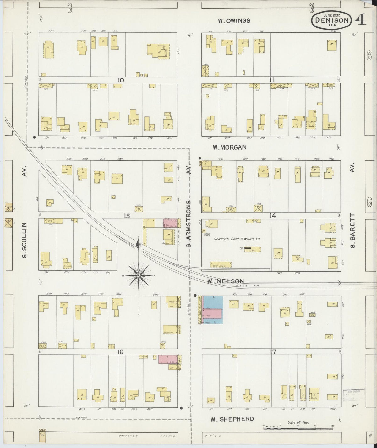 Sanborn Fire Insurance Map from Denison, Grayson County, Texas (1892), Sheet #0004 - Complete Map Set gallery image, historic Sanborn map, vintage wall art, Texas Texas