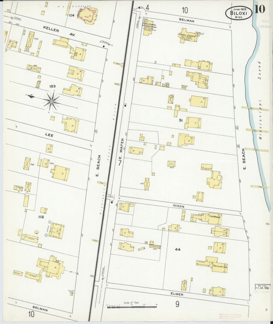 Sanborn Fire Insurance Map from Biloxi, Harrison County, Mississippi (1909), Sheet #0010 - Historic Sanborn Fire Insurance Map Print, vintage old map wall art, antique decor, genealogy gift, Mississippi Mississippi map