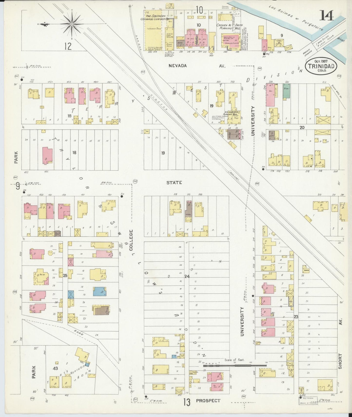 Sanborn Fire Insurance Map from Trinidad, Las Animas County, Colorado (1907), Sheet #0014 - Complete Map Set gallery image, historic Sanborn map, vintage wall art, Colorado Colorado