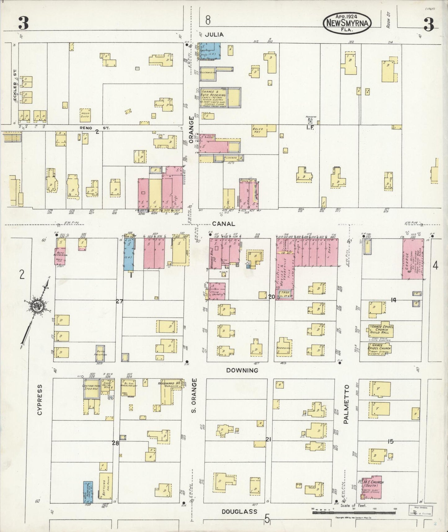 Sanborn Fire Insurance Map from New Smyrna, Valusia County, Florida (1924), Sheet #0003 - Historic Sanborn Fire Insurance Map Print, vintage old map wall art, antique decor, genealogy gift, Florida Florida map