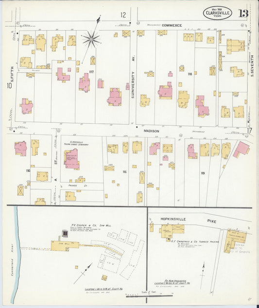 Sanborn Fire Insurance Map from Clarksville, Montgomery County, Tennessee (1908), Sheet #0013 - Historic Sanborn Fire Insurance Map Print, vintage old map wall art, antique decor, genealogy gift, Tennessee Tennessee map