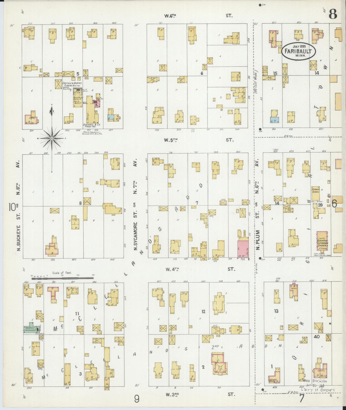 Sanborn Fire Insurance Map from Faribault, Rice County, Minnesota (1899), Sheet #0008 - Historic Sanborn Fire Insurance Map Print, vintage old map wall art, antique decor, genealogy gift, Minnesota Minnesota map