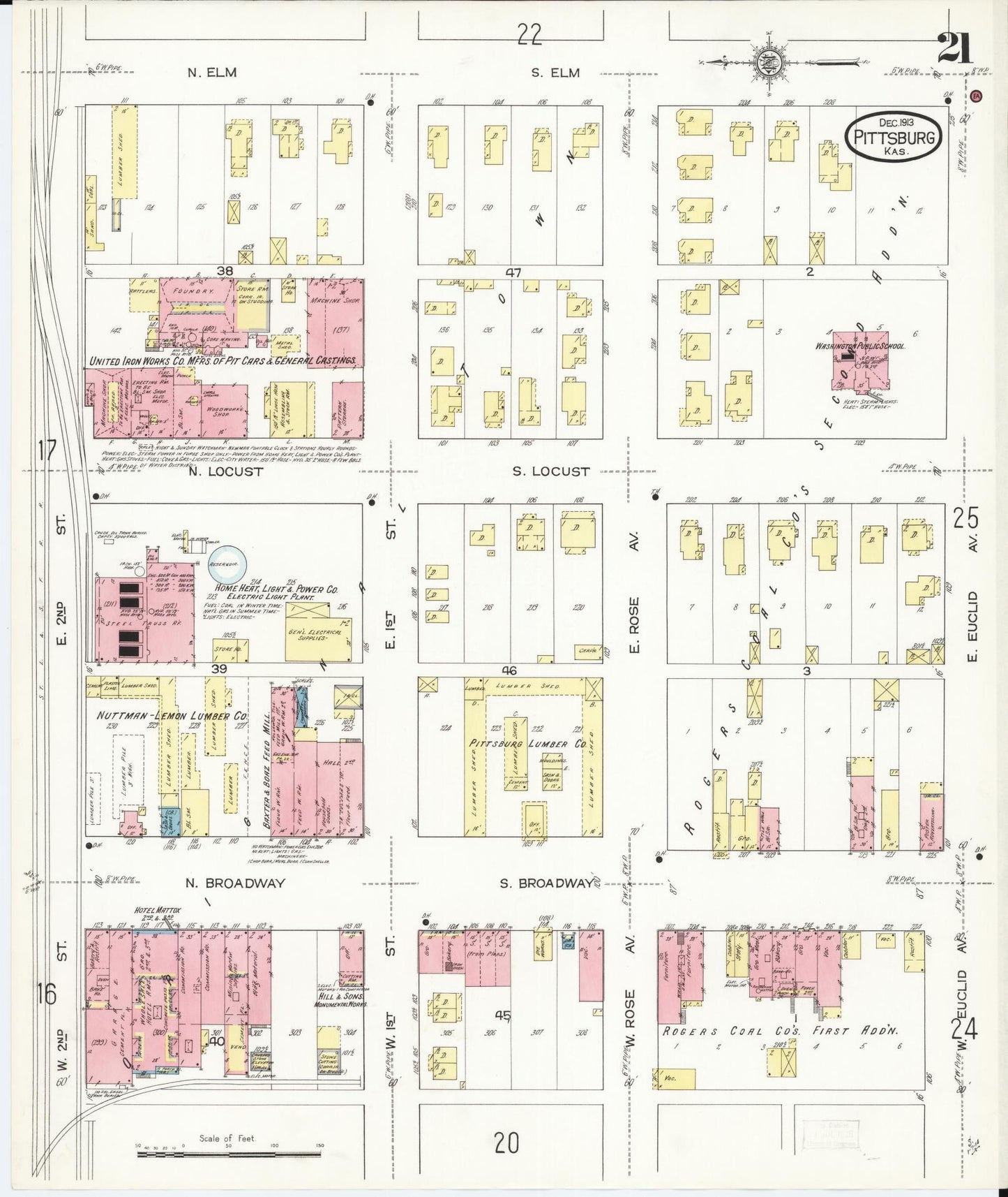 Sanborn Fire Insurance Map from Pittsburg, Crawford County, Kansas (1913), Sheet #0021 - Historic Sanborn Fire Insurance Map Print, vintage old map wall art, antique decor, genealogy gift, Kansas Kansas map