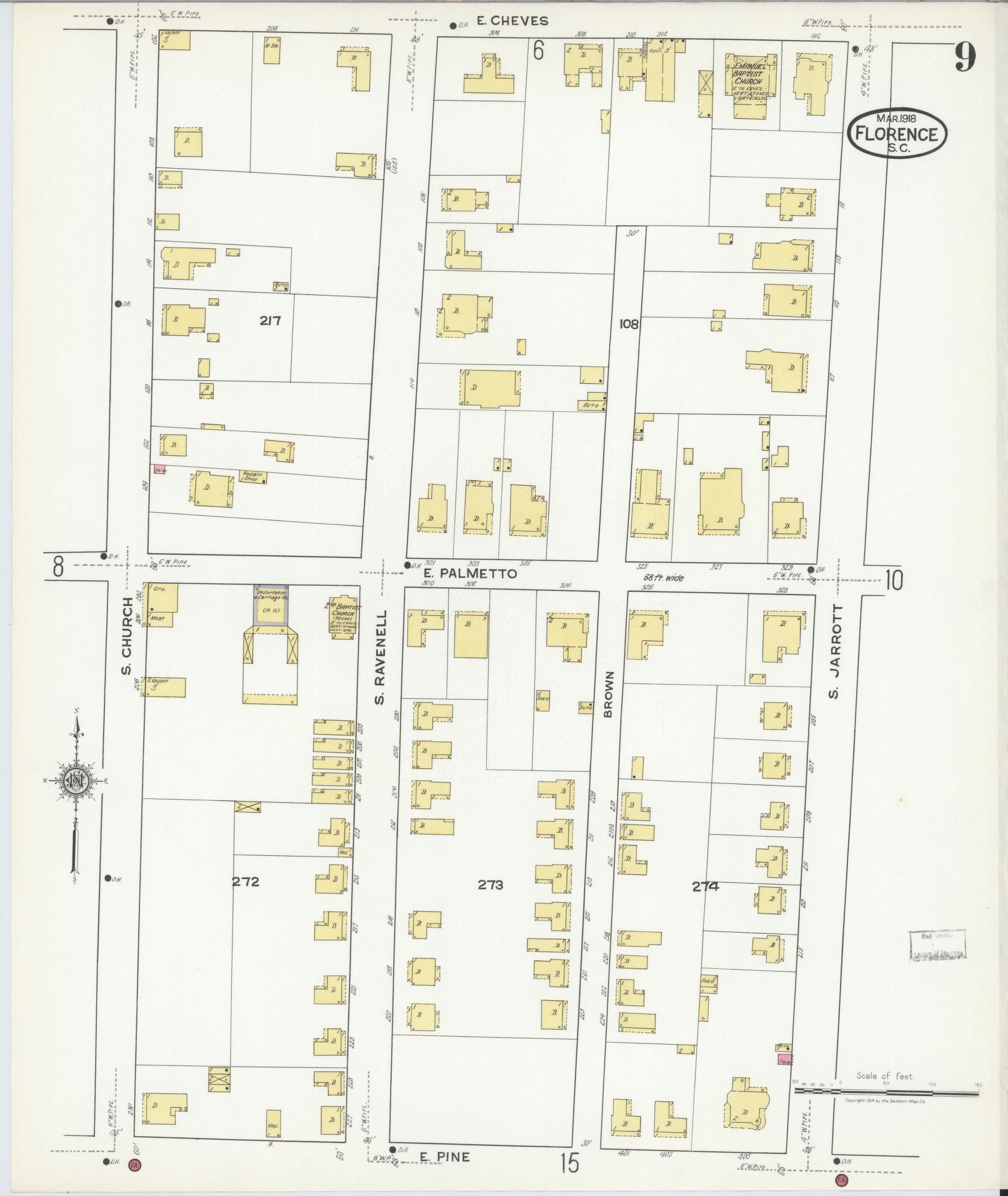 Sanborn Fire Insurance Map from Florence, Florence County, South Carolina (1918), Sheet #0009 - Historic Sanborn Fire Insurance Map Print, vintage old map wall art, antique decor, genealogy gift, South Carolina South Carolina map