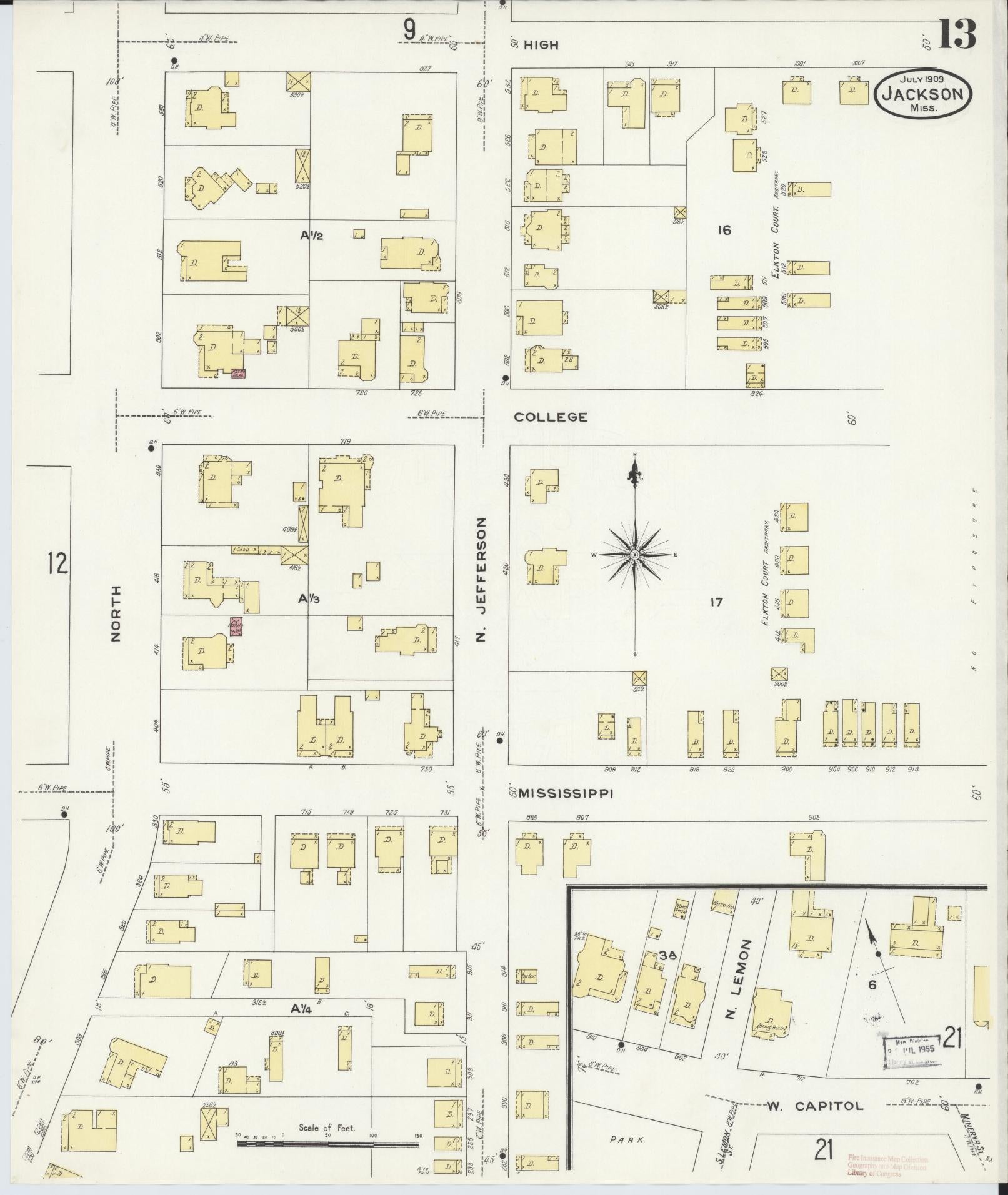 Sanborn Fire Insurance Map from Jackson, Hinds County, Mississippi (1909), Sheet #0013 - Complete Map Set gallery image, historic Sanborn map, vintage wall art, Mississippi Mississippi