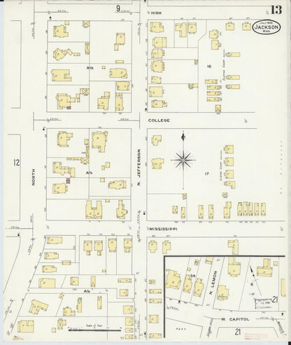 Sanborn Fire Insurance Map from Jackson, Hinds County, Mississippi (1909), Sheet #0013 - Complete Map Set gallery image, historic Sanborn map, vintage wall art, Mississippi Mississippi