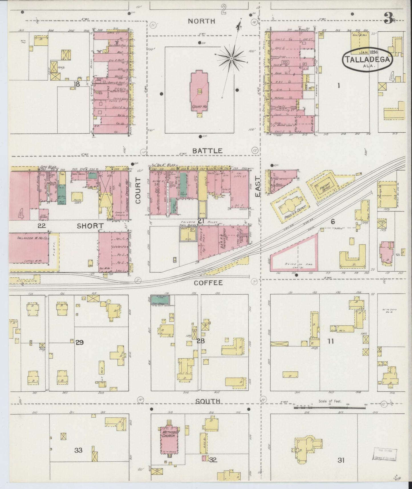 Sanborn Fire Insurance Map from Talladega, Talladega County, Alabama (1894), Sheet #0003 - Complete Map Set gallery image, historic Sanborn map, vintage wall art, Alabama Alabama