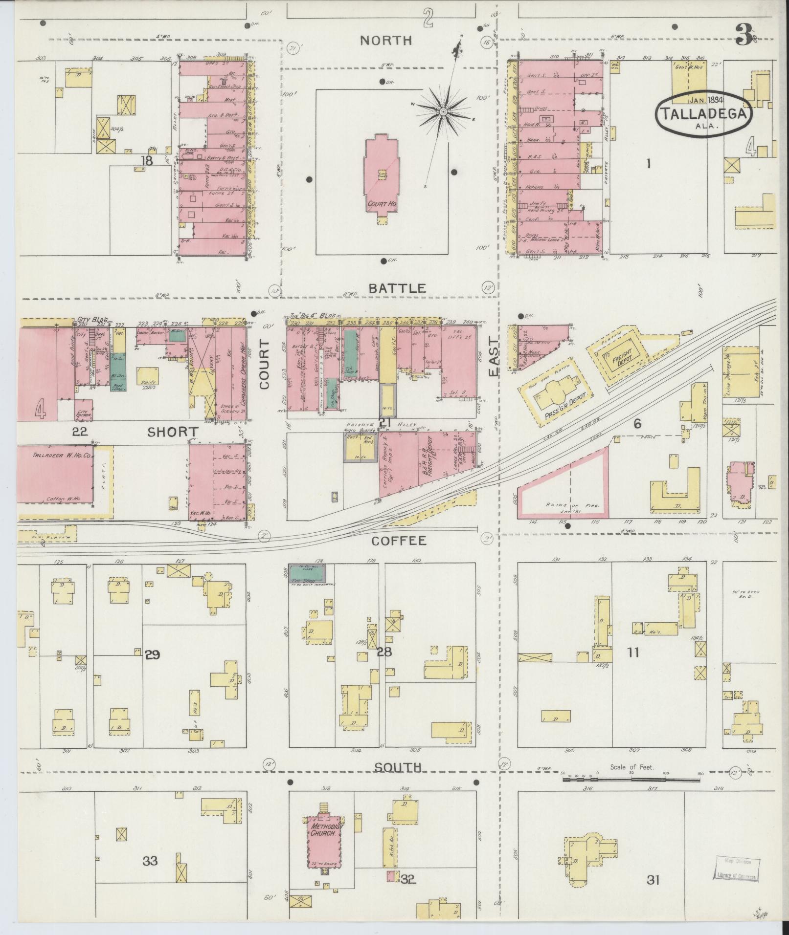 Sanborn Fire Insurance Map from Talladega, Talladega County, Alabama (1894), Sheet #0003 - Complete Map Set gallery image, historic Sanborn map, vintage wall art, Alabama Alabama