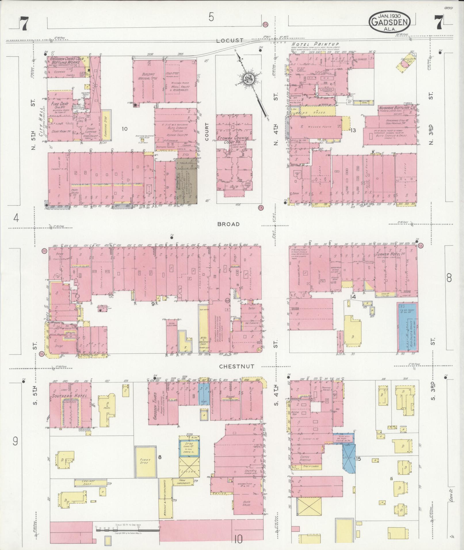 Sanborn Fire Insurance Map from Gadsden, Etowah County, Alabama (1930), Sheet #0007 - Complete Map Set gallery image, historic Sanborn map, vintage wall art, Alabama Alabama
