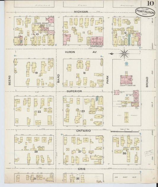 Sanborn Fire Insurance Map from Port Huron, Saint Clair County, Michigan (1887), Sheet #0010 - Historic Sanborn Fire Insurance Map Print, vintage old map wall art, antique decor, genealogy gift, Michigan Michigan map