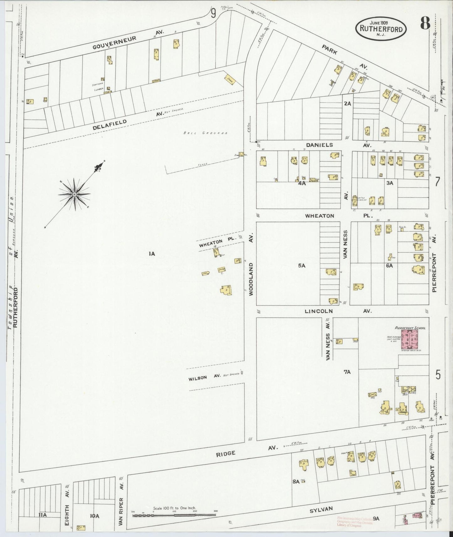 Sanborn Fire Insurance Map from Rutherford, Bergen County, New Jersey (1909), Sheet #0008 - Complete Map Set gallery image, historic Sanborn map, vintage wall art, New Jersey New Jersey