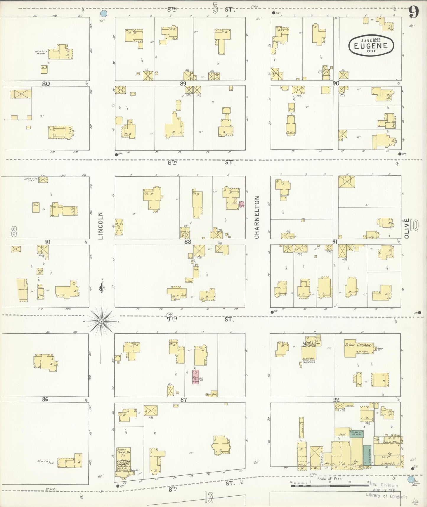 Sanborn Fire Insurance Map from Eugene, Lane County, Oregon (1896), Sheet #0009 - Complete Map Set gallery image, historic Sanborn map, vintage wall art, Oregon Oregon