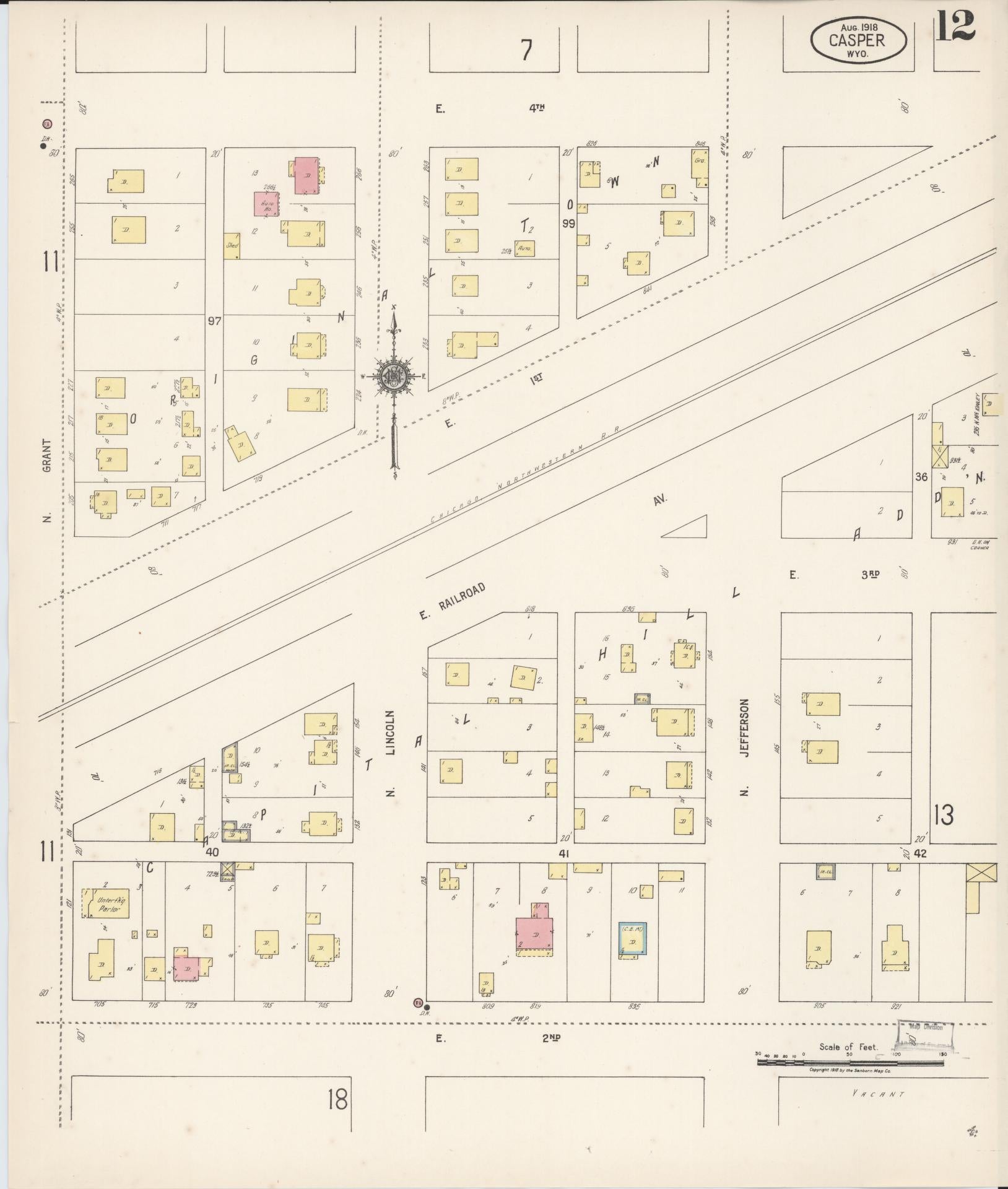 Sanborn Fire Insurance Map from Casper, Natrona County, Wyoming (1918), Sheet #0012 - Historic Sanborn Fire Insurance Map Print, vintage old map wall art, antique decor, genealogy gift, Wyoming Wyoming map
