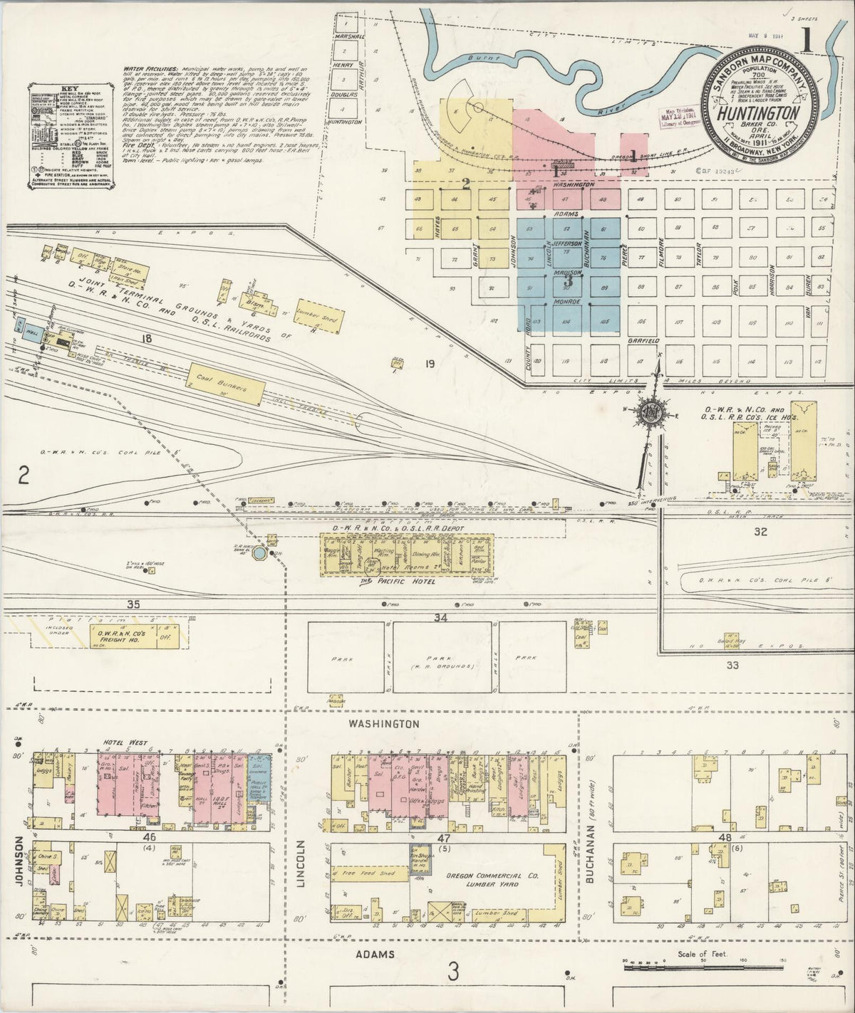 Sanborn Fire Insurance Map from Huntington, Baker County, Oregon (1911), Sheet #0001 - Historic Sanborn Fire Insurance Map Print, vintage old map wall art, antique decor, genealogy gift, Oregon Oregon map