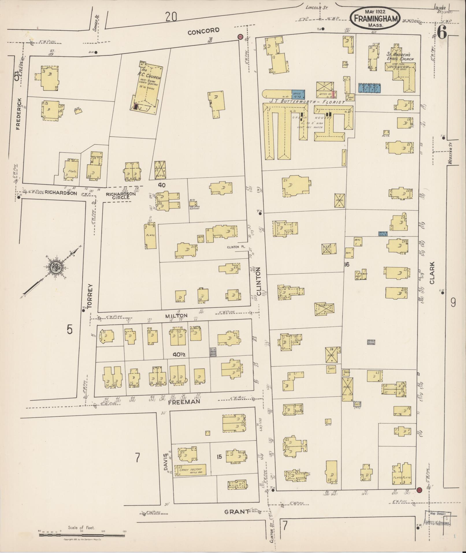Sanborn Fire Insurance Map from Framingham, Middlesex County, Massachusetts (1922), Sheet #0006 - Historic Sanborn Fire Insurance Map Print, vintage old map wall art, antique decor, genealogy gift, Massachusetts Massachusetts map