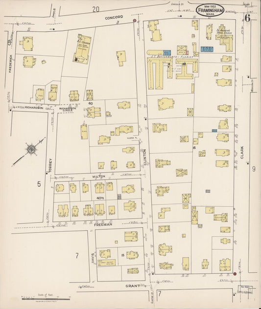 Sanborn Fire Insurance Map from Framingham, Middlesex County, Massachusetts (1922), Sheet #0006 - Historic Sanborn Fire Insurance Map Print, vintage old map wall art, antique decor, genealogy gift, Massachusetts Massachusetts map