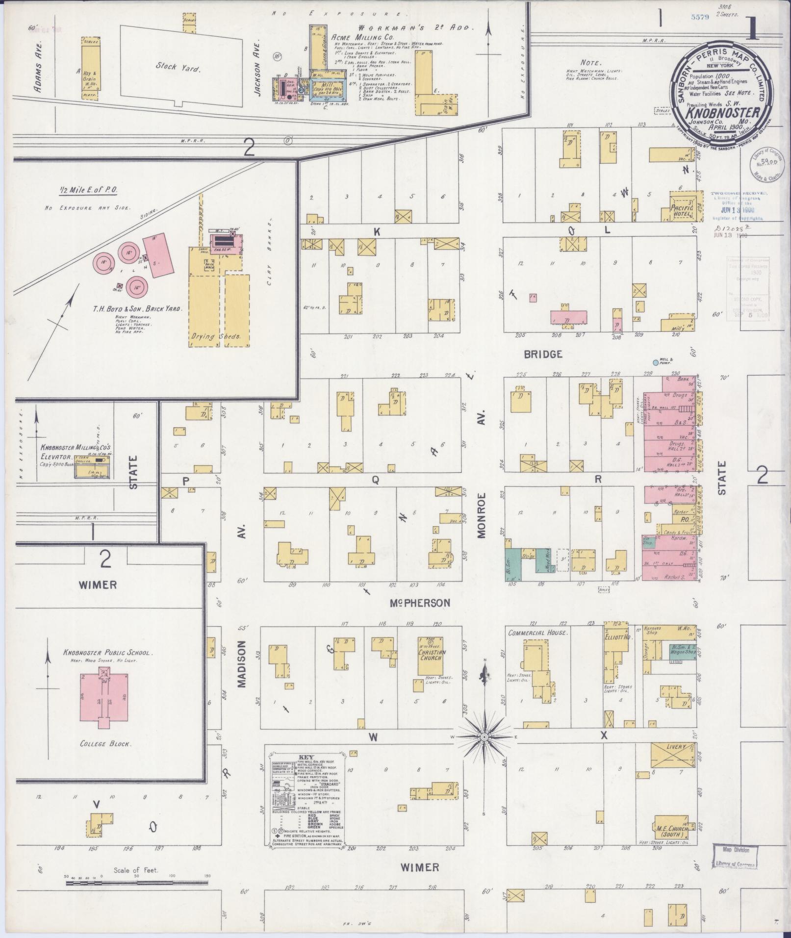 Sanborn Fire Insurance Map from Knobnoster, Johnson County, Missouri (1900), Sheet #0001 - Historic Sanborn Fire Insurance Map Print, vintage old map wall art, antique decor, genealogy gift, Missouri Missouri map