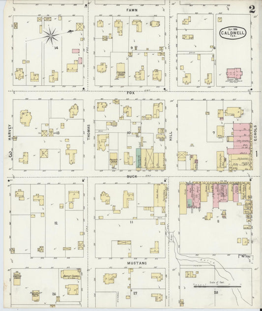 Sanborn Fire Insurance Map from Caldwell, Burleson County, Texas (1896), Sheet #0002 - Historic Sanborn Fire Insurance Map Print, vintage old map wall art, antique decor, genealogy gift, Texas Texas map