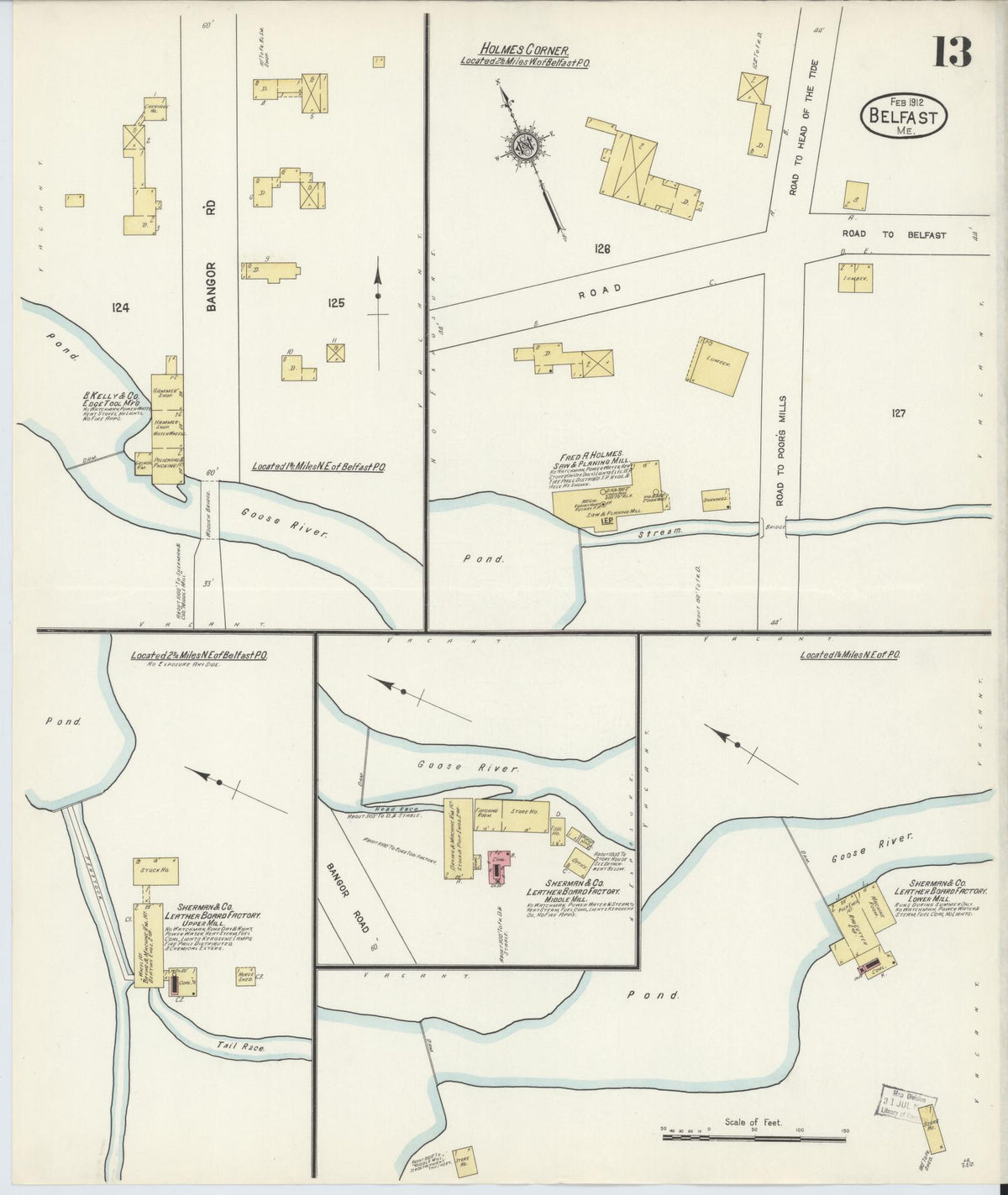 Sanborn Fire Insurance Map from Belfast, Waldo County, Maine (1912), Sheet #0013 - Historic Sanborn Fire Insurance Map Print, vintage old map wall art, antique decor, genealogy gift, Maine Maine map