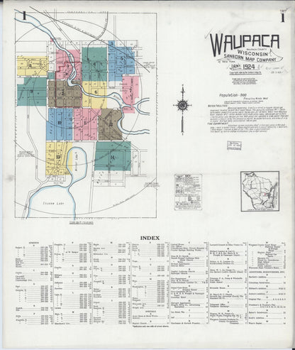 Sanborn Fire Insurance Map from Waupaca, Waupaca County, Wisconsin (1924), Sheet #0001 - Historic Sanborn Fire Insurance Map Print, vintage old map wall art, antique decor, genealogy gift, Wisconsin Wisconsin map