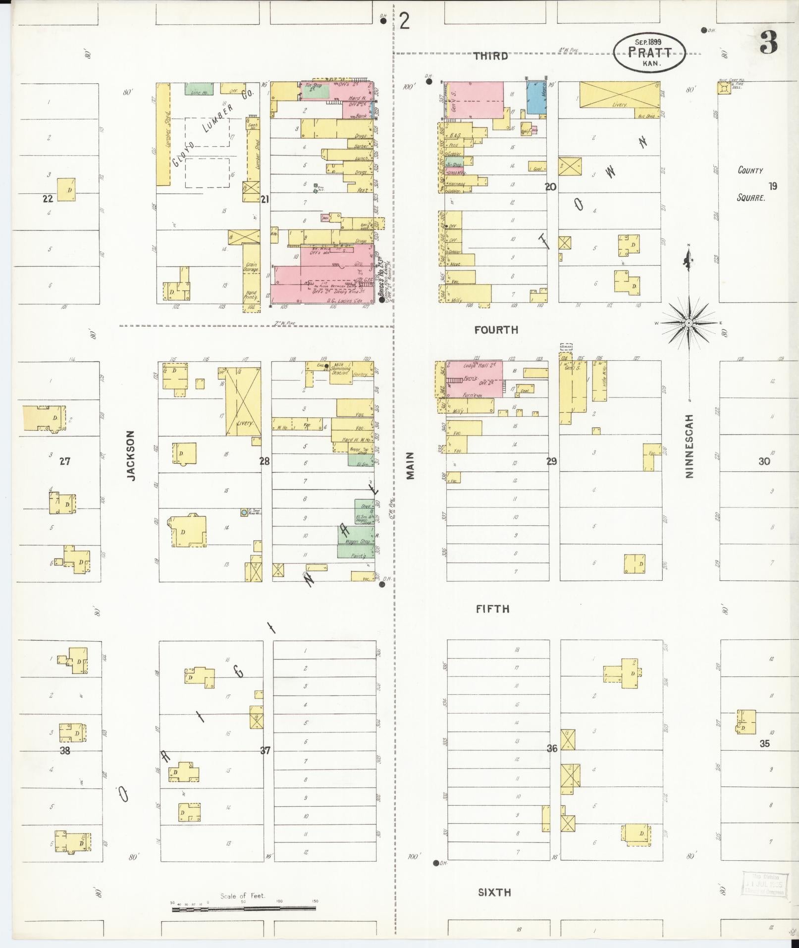 Sanborn Fire Insurance Map from Pratt, Pratt County, Kansas (1899), Sheet #0003 - Historic Sanborn Fire Insurance Map Print, vintage old map wall art, antique decor, genealogy gift, Kansas Kansas map