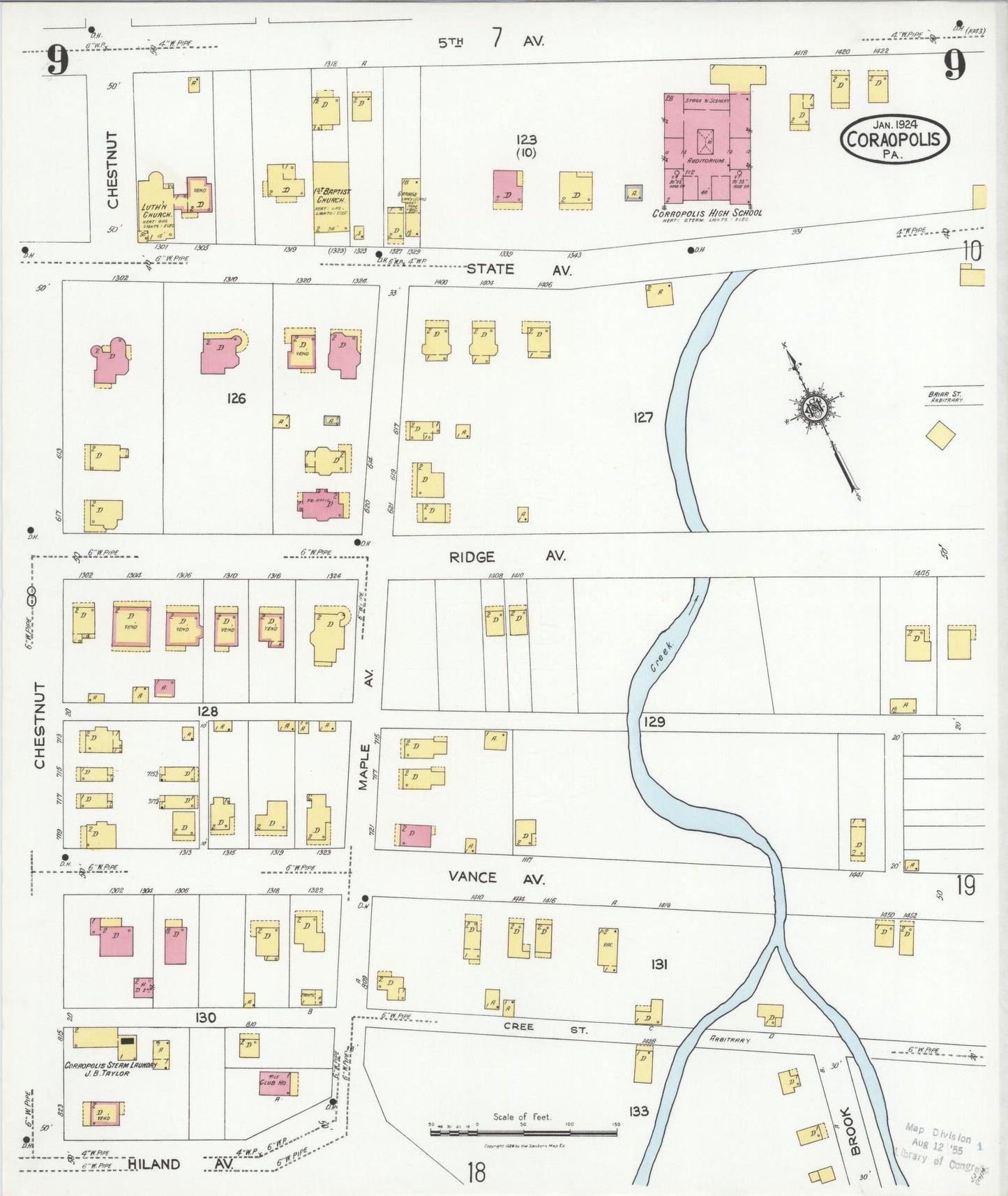 Sanborn Fire Insurance Map from Coraopolis, Allegheny County, Pennsylvania (1924), Sheet #0009 - Historic Sanborn Fire Insurance Map Print, vintage old map wall art, antique decor, genealogy gift, Pennsylvania Pennsylvania map