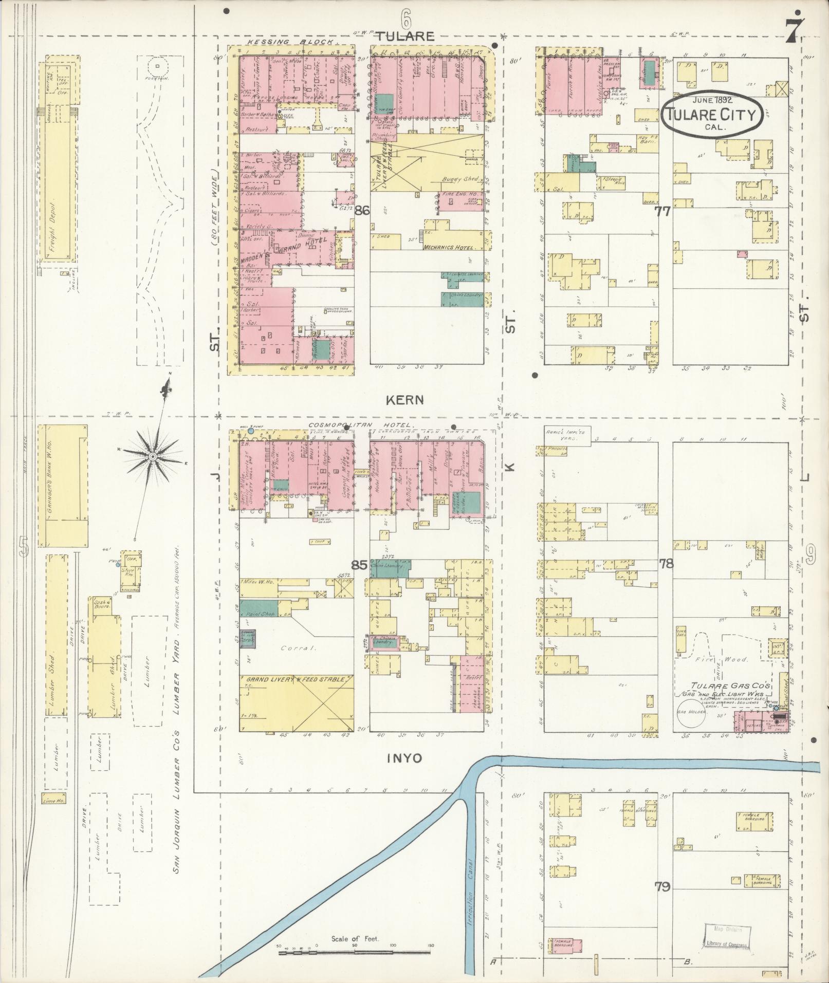 Sanborn Fire Insurance Map from Tulare, Tulare County, California (1892), Sheet #0007 - Complete Map Set gallery image, historic Sanborn map, vintage wall art, California California