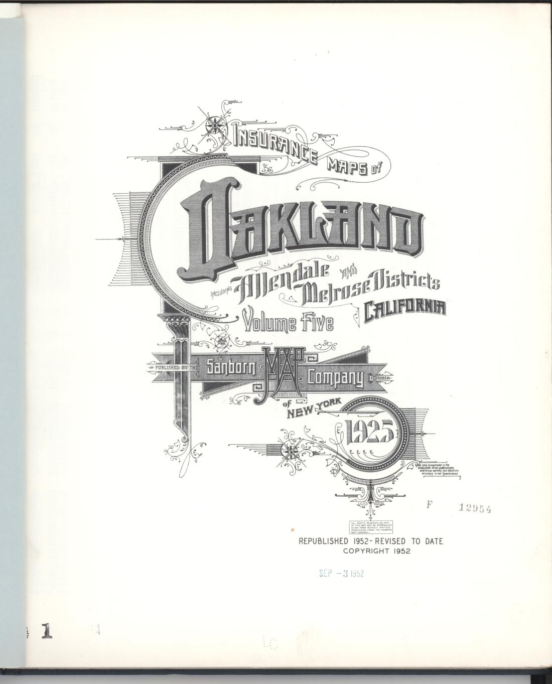 Sanborn Fire Insurance Map from Oakland, Alameda County, California (1952), Sheet #0001 - Complete Map Set gallery image, historic Sanborn map, vintage wall art, California California