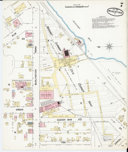 Sanborn Fire Insurance Map from Muscatine, Muscatine County, Iowa (1888), Sheet #0007 - Historic Sanborn Fire Insurance Map Print, vintage old map wall art