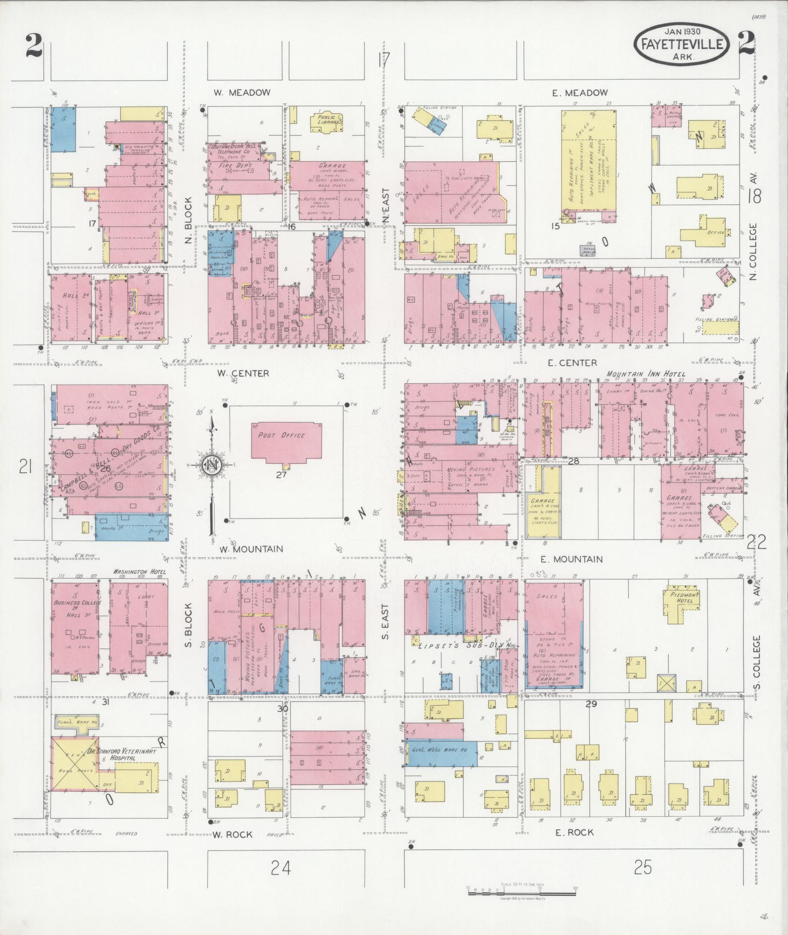Sanborn Fire Insurance Map from Fayetteville, Washington County, Arkansas (1930), Sheet #0002 - Complete Map Set gallery image, historic Sanborn map, vintage wall art, Arkansas Arkansas