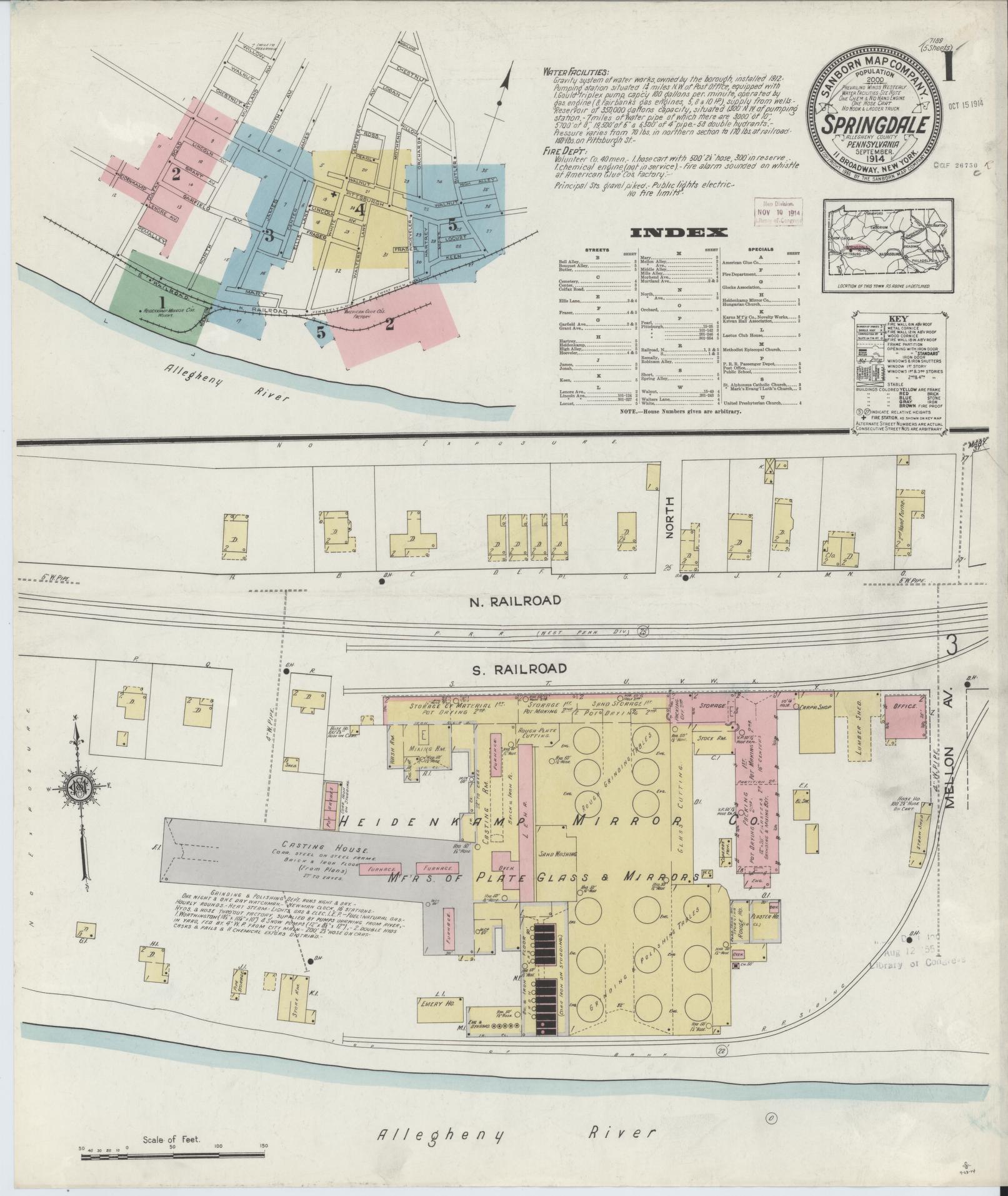 Sanborn Fire Insurance Map from Springdale, Allegheny County, Pennsylvania (1914), Sheet #0001 - Historic Sanborn Fire Insurance Map Print, vintage old map wall art, antique decor, genealogy gift, Pennsylvania Pennsylvania map