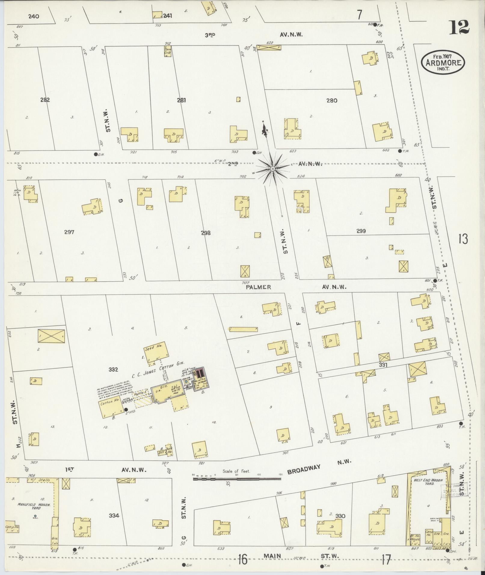 Sanborn Fire Insurance Map from Ardmore, Carter County, Oklahoma (1907), Sheet #0012 - Historic Sanborn Fire Insurance Map Print, vintage old map wall art, antique decor, genealogy gift, Oklahoma Oklahoma map