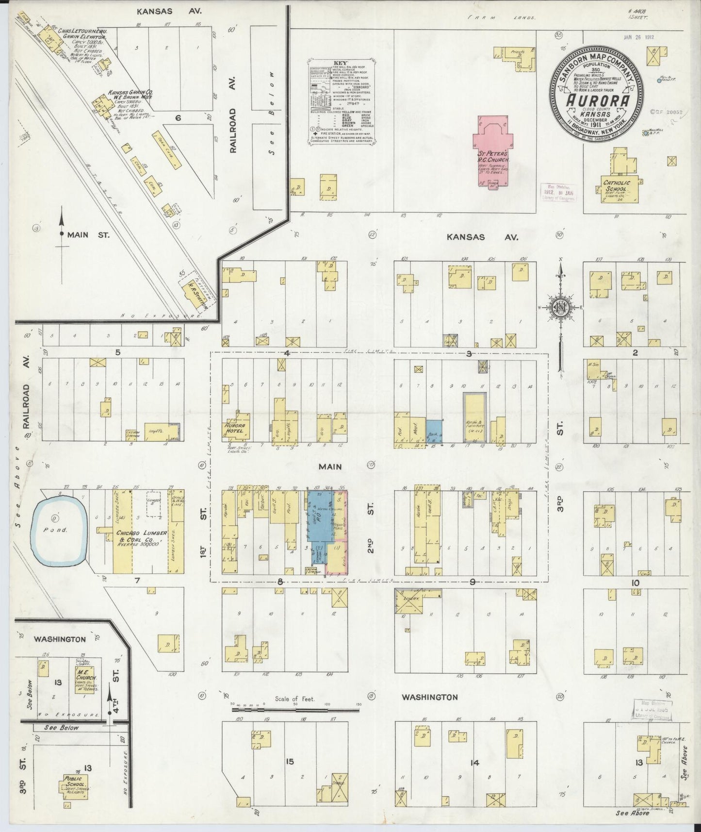 Sanborn Fire Insurance Map from Aurora, Cloud County, Kansas (1911), Sheet #0001 - Historic Sanborn Fire Insurance Map Print, vintage old map wall art, antique decor, genealogy gift, Kansas Kansas map