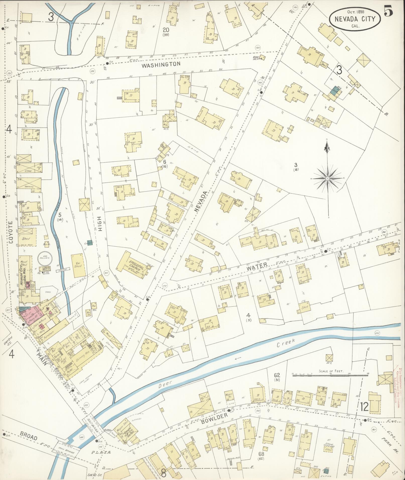Sanborn Fire Insurance Map from Nevada City, Nevada County, California (1898), Sheet #0005 - Historic Sanborn Fire Insurance Map Print, vintage old map wall art, antique decor, genealogy gift, California California map